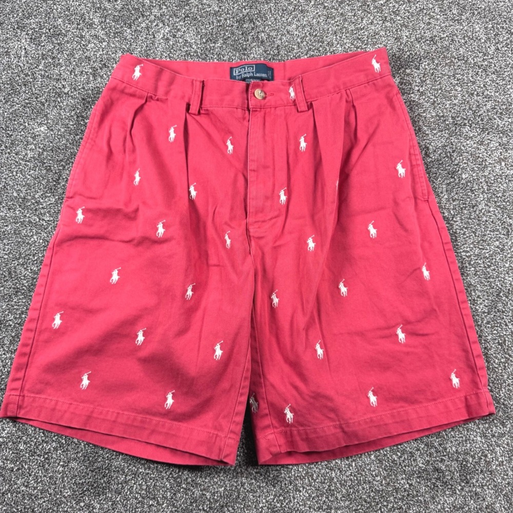 Polo Ralph Lauren Tyler Shorts Men 32 Red All Over Pony Logo Embroidered Pleated